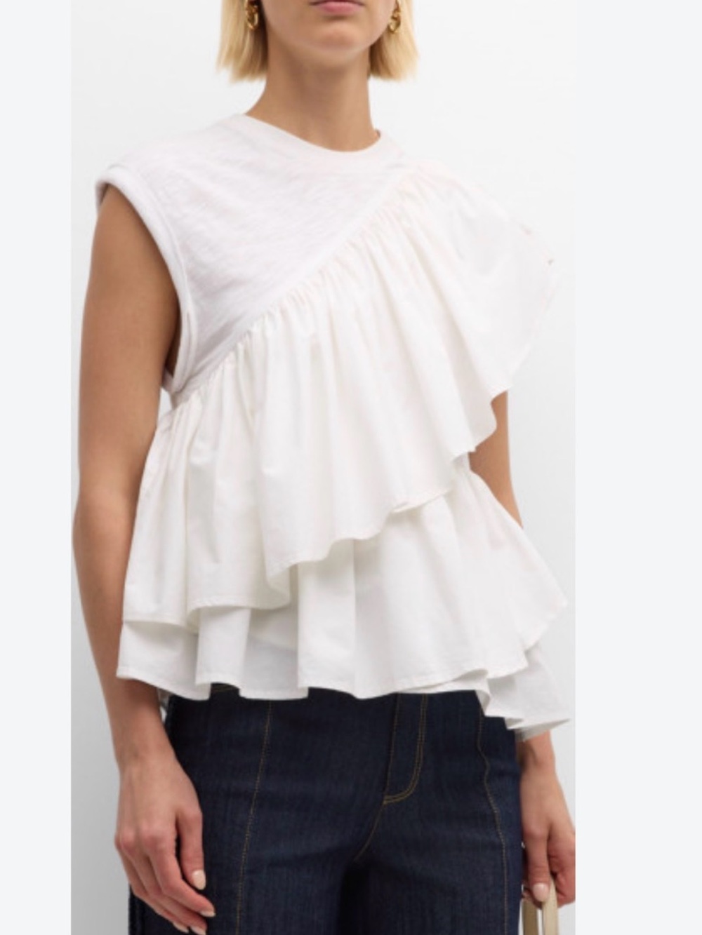 cinq a sept White Asymmetric Ruffle Tiered Sleeveless Top